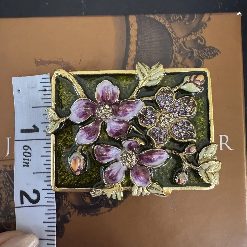Jay Strongwater Enamel Floral Purple Flowers Crystal Compact Mirror w/ Box Small